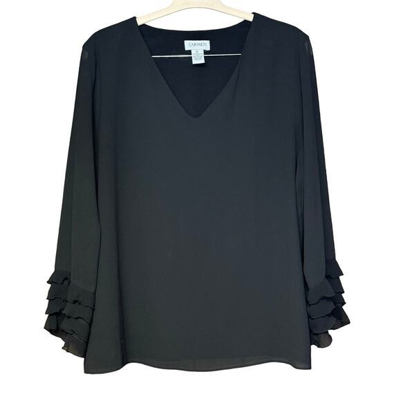 CARMEN Carmen Marc Valvo black blouse vneck ruffles cuff sleeve women’s size XL - Picture 1 of 4